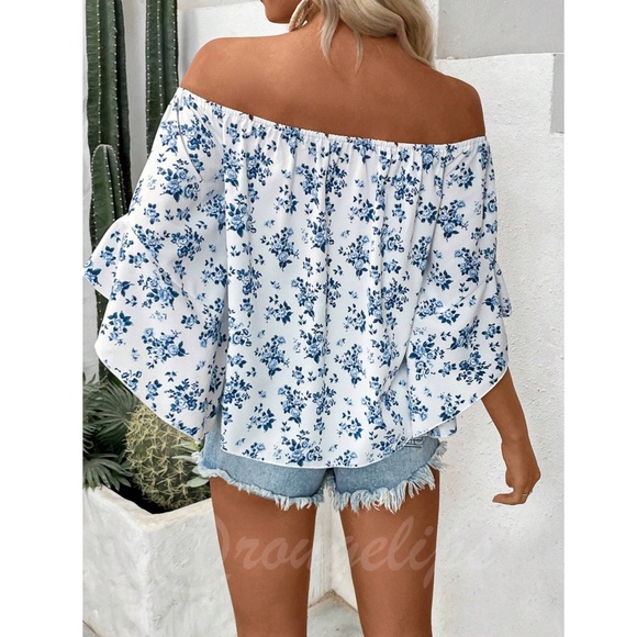 White Blue Floral Off Shoulder Top Flounce Ruffle Sleeve - Picture 3 of 7